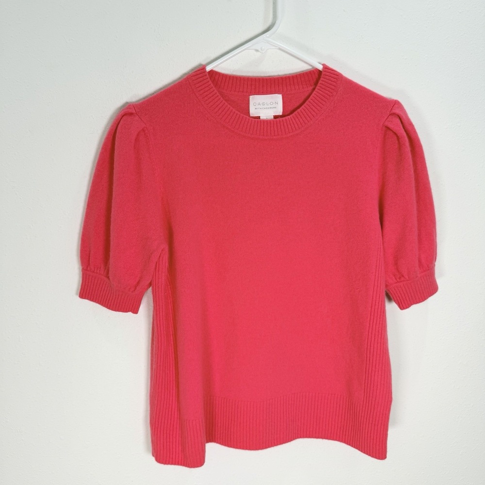 Caslon Sweater Wool Cashmere Womens Sz Large Puff Short Sleeve Bright Pink Coral
